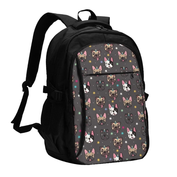 Balery French Bulldogs Mochila con carga USB para hombre y mujer - Mochila impermeable y antirrobo para portátil con puerto USB para viajes, trabajo, estudios y universidad