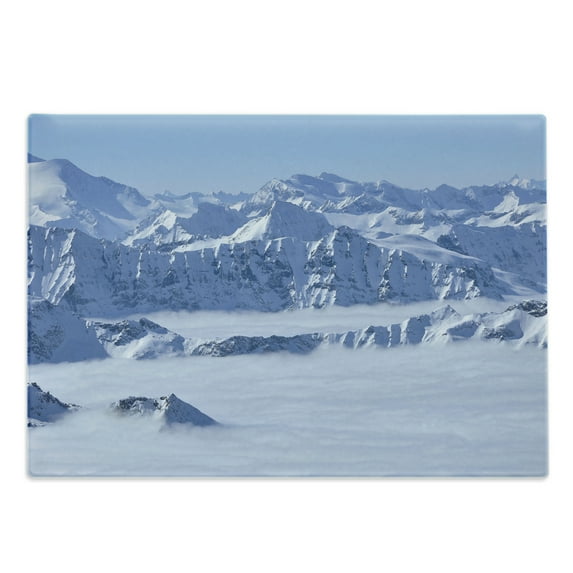 Mountain Cutting Board, Fantasy Dream Land over the Austrian Alps Summit Climate Skiing Snowfall Fir Theme, Decorative Tempered Glass Cutting and Serving Board, Large Size, White, by Ambesonne