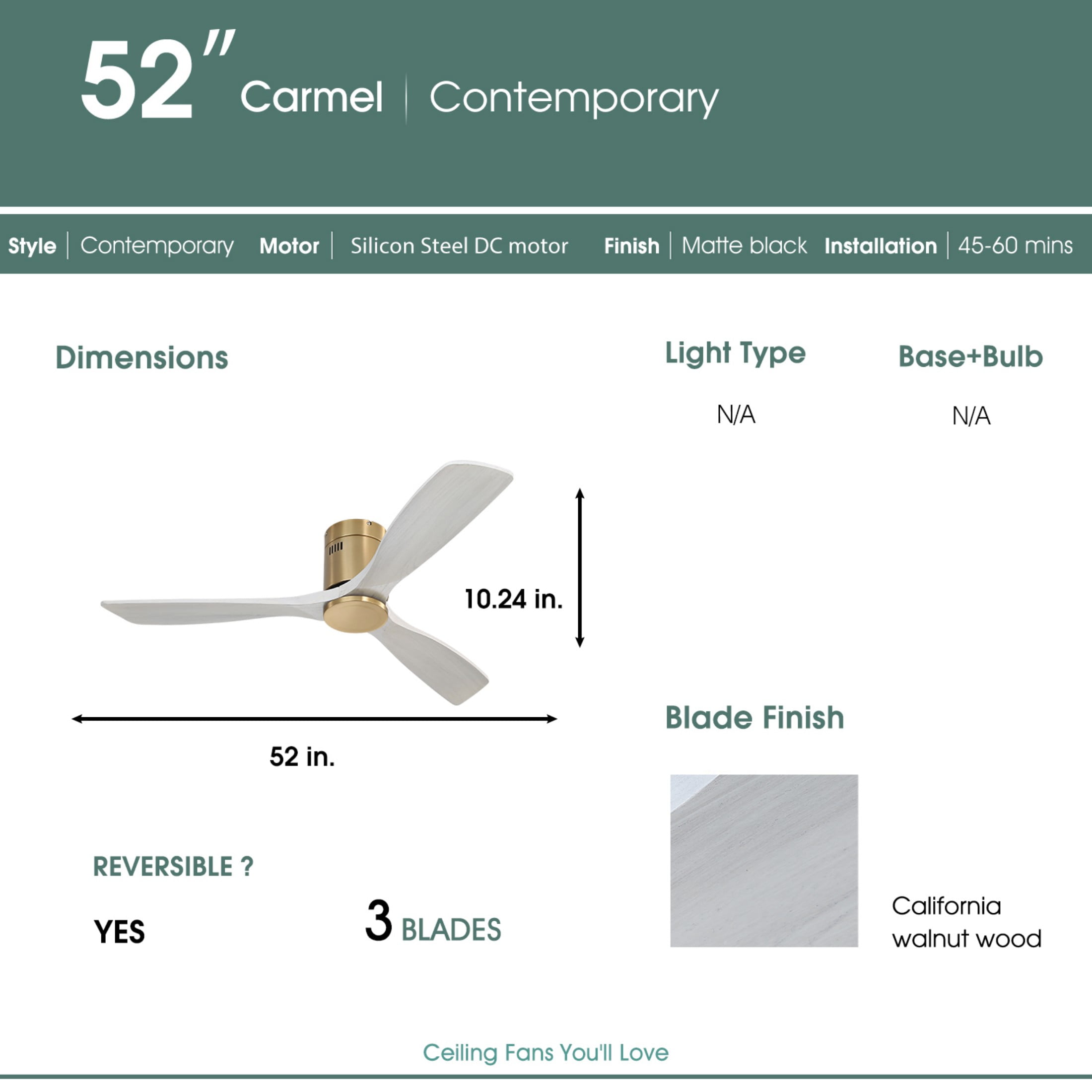 Sofucor 52 Inch Grey Gold Modern Flush Mount Indoor Outdoor Ceiling Fan with Remote Control