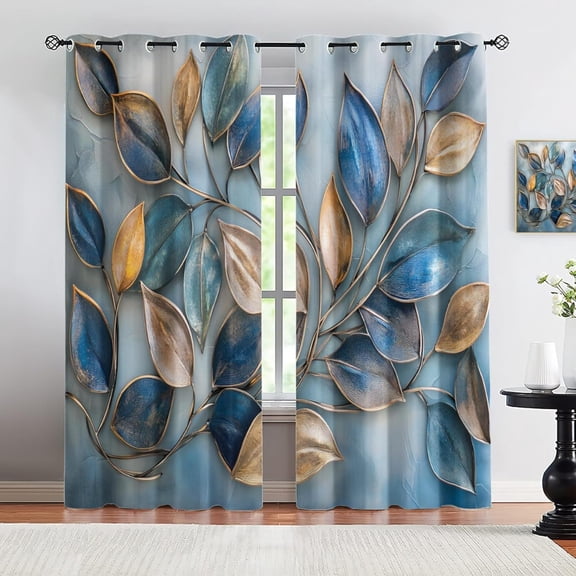 Leaves Curtains & Home Decor, 3D Blue Leaves Curtain For Windows, Drapes For Bedroom, Grommet & 2 Panels, Nordic Luxury Living Room Decor 38"W x 45"L (Pack of 2)