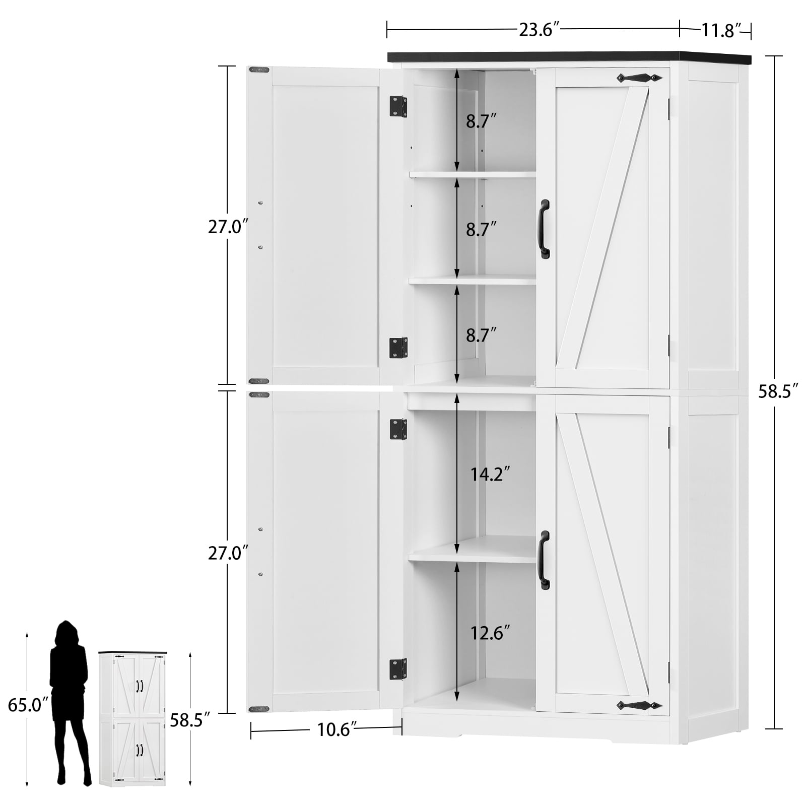 58.27” Kitchen Pantry Cabinets With 4 Doors, Storage Cabinets, Cupboard, Tall Bathroom Cabinets For Dinning Room, Living Room, White
