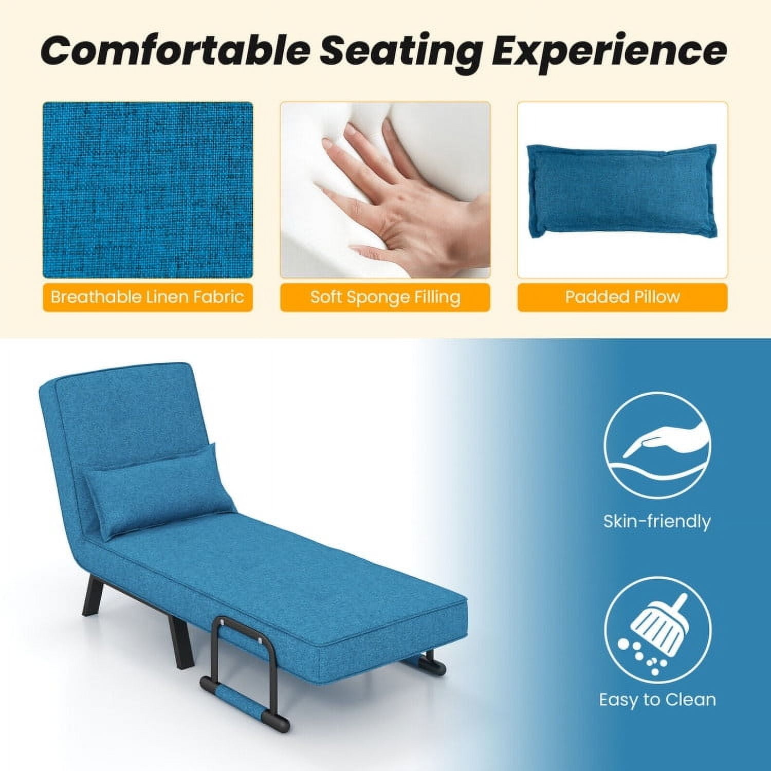 Kadyn Leisure Chaise Lounge Couch,Single Lazy Bed,Folding 6 Position Convertible Sleeper Bed Armchair Lounge Couch with Pillow-Blue