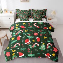 jejeloiu Christmas Tree Bedding Comforter Set 7 Pieces,Cartoon Xmas Hat Full Bedding Set,Holiday Berry Fitted Sheet Flat Sheet For Children,Luxury Bedroom Decor Reversible
