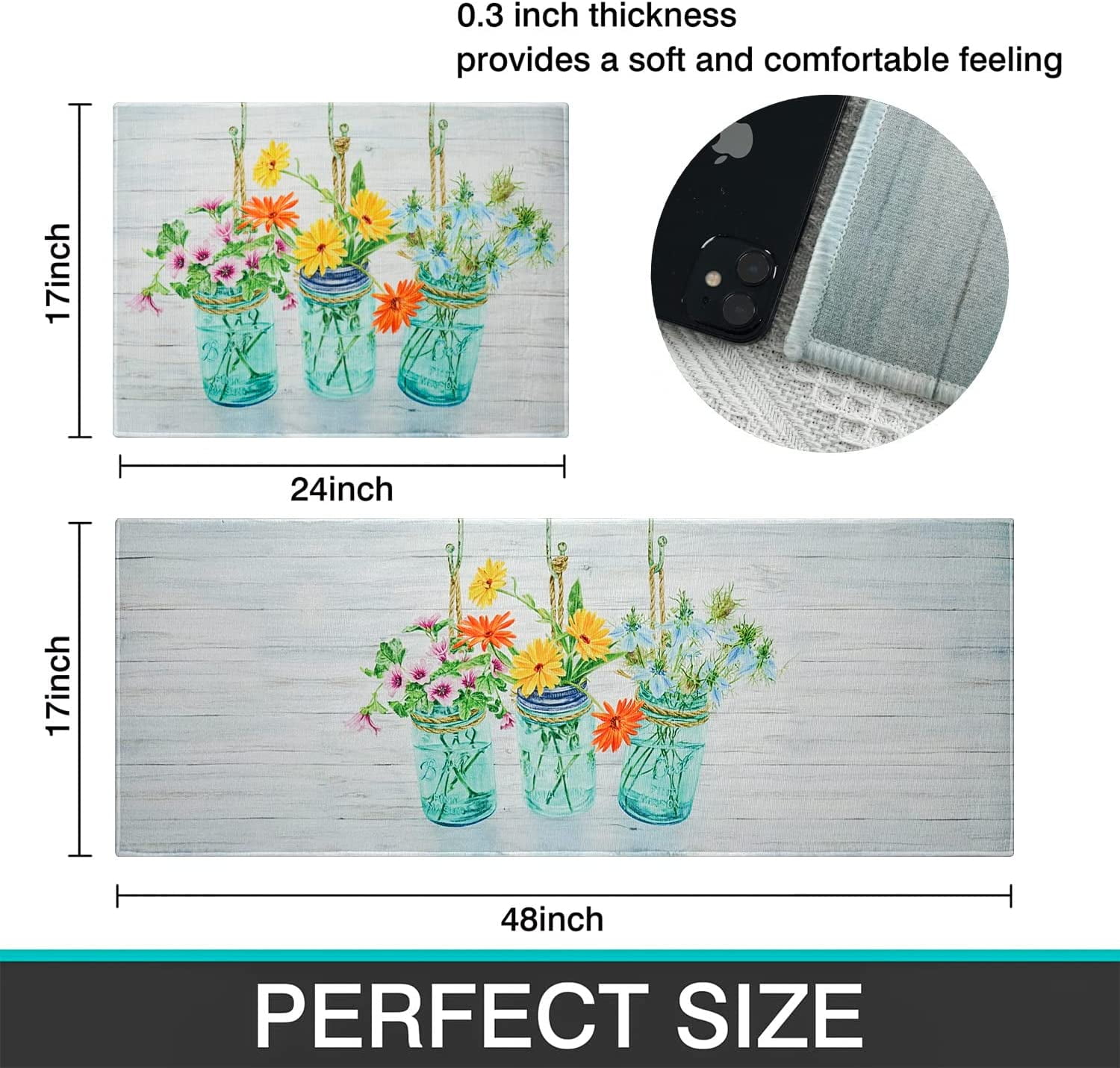 Floral Farmhouse Kitchen Rugs Set 2 Piece Colorful Spring/Summer Flowers Decorative Rugs for Kitchen Low-Profile Floor Mats Decorations for Home Kitchen (17"x48"+17"x24")