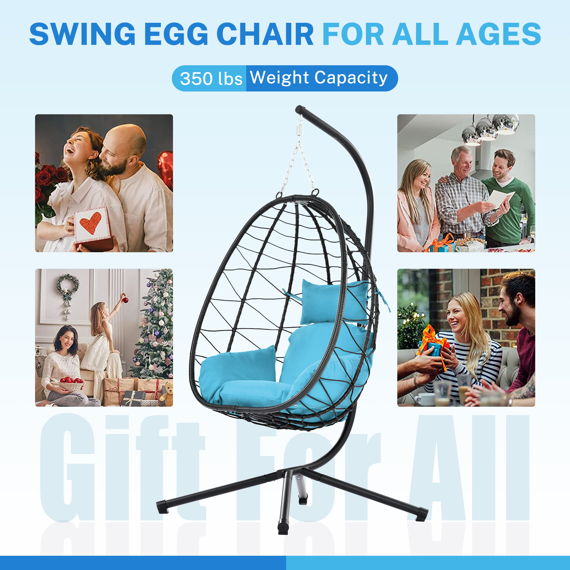Egg Chair, Indoor Outdoor Patio Wicker Hanging Chair with Stand, Hanging Swing Chair w/ Cushion, Durable All-Weather UV Rattan Lounge Chair for Bedroom, Patio, Deck, Yard, Garden, 350lbs, Blue, SS1968 - image 4 of 9