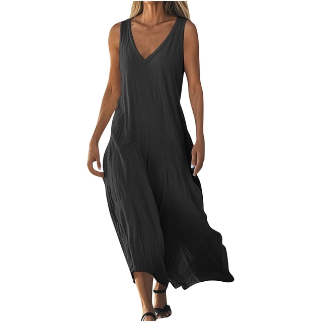 Admvng Robes pour Femmes Décontractées à Col en V Sans Manches Robe d'Été Grande Taille Ample Longue Robe de Plage d'Été P-2TG