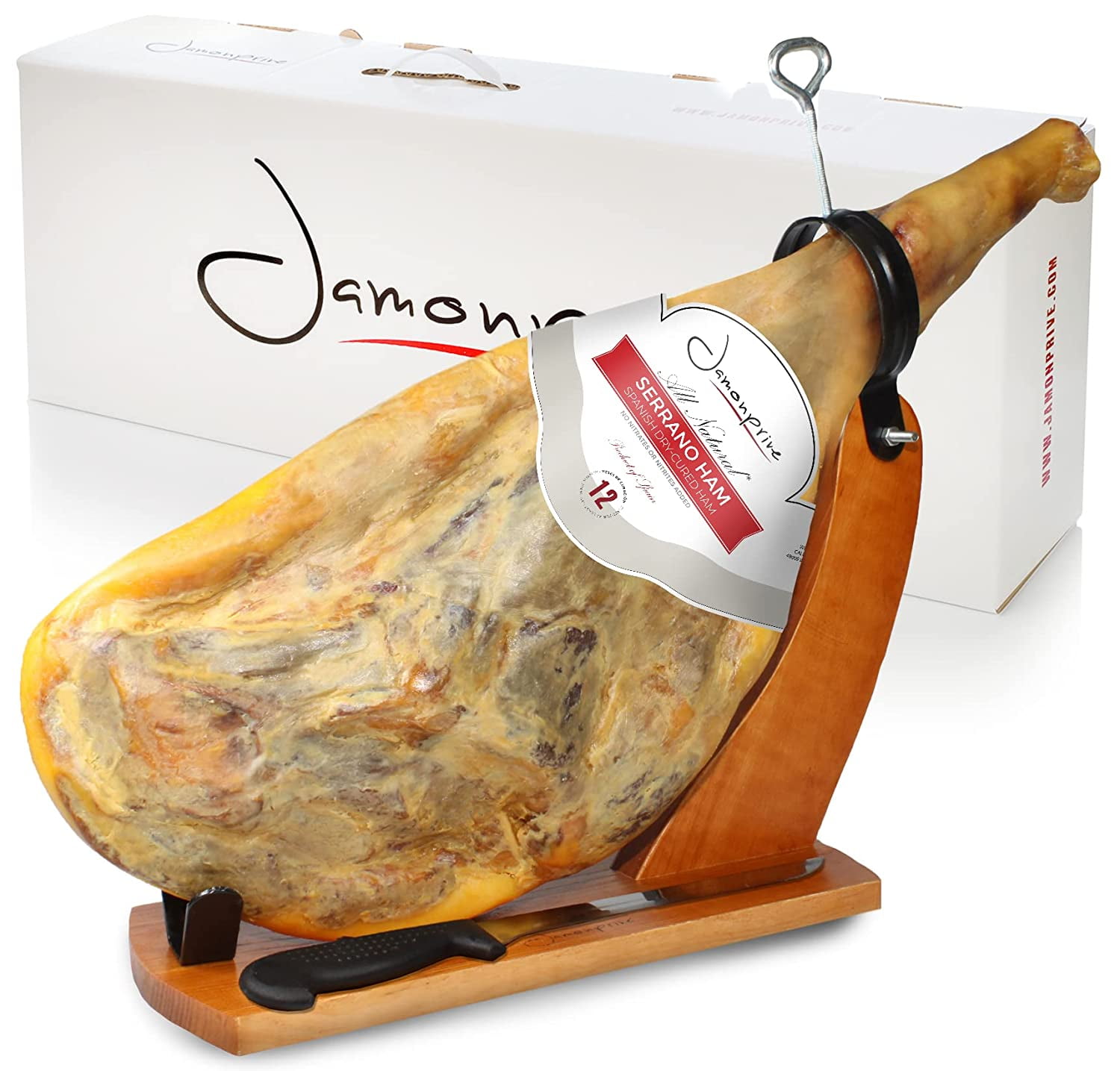Jamonprive Serrano Ham Bone in from Spain 15-17 lb with Ham Holder & Knife - Pork Ham Spanish Jamon Serrano