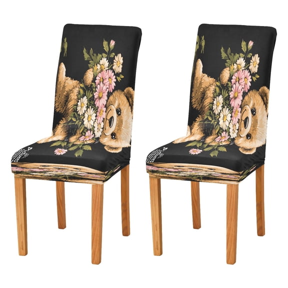 BZSMCE Chairs Slipcovers Dining Chair Covers Cute Bear Holding Flowers Creative Pattern