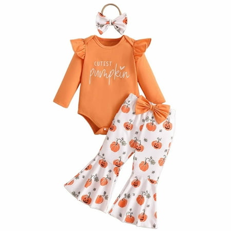 

EHQJNJ Toddler Animal Toddler Girls Long Sleeve Letter Printing Romper Tops Pumpkin Cartoon Printing Bell Bottom Trousers 2Pcs Outfits ChildrenâS Clothing