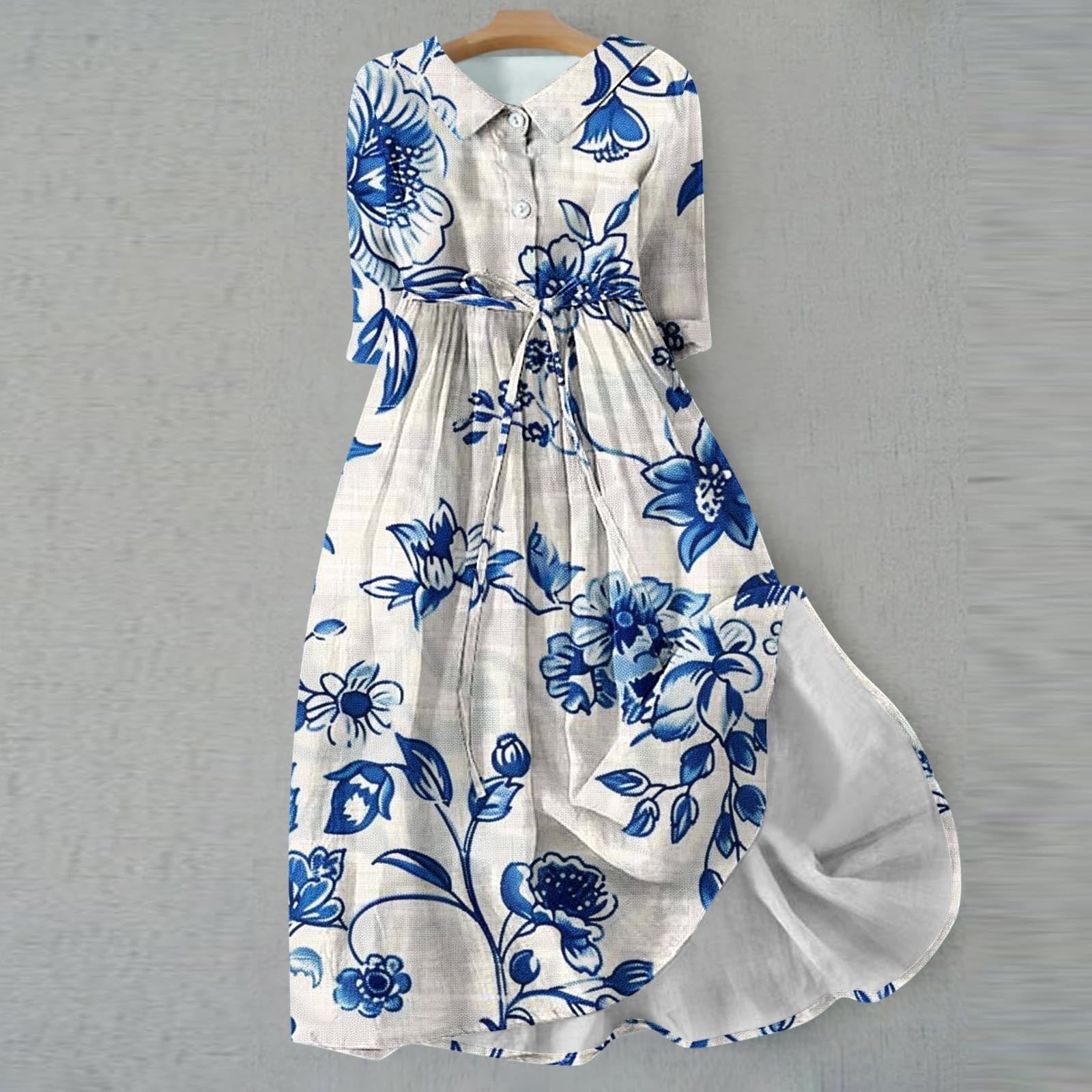 HAPIMO Women's Summer Tea Length A Line Dress Fashion Lapel V Neck Button Flowy Fall Dress Floral Boho 3/4 Sleeve Spring Elegant Casual Drawstring Workout Blue L