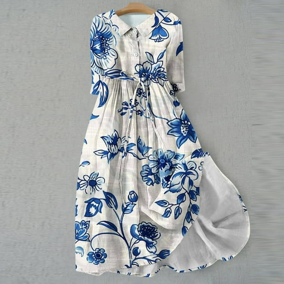 WXLWZYWL Womens Lapel Neck Dresses Summer Ladies Boho Floral A-Line Lace-Up Flowy Dress Casual Elegant Beach Long Dresses