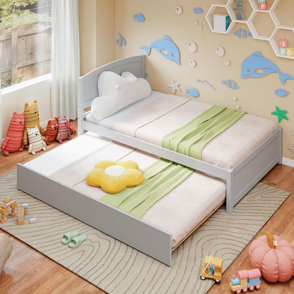 UNBRAND Trundle Bed Twin, Twin Bed with Trundle, Solid Wood Twin Daybed with Trundle and Wooden Slats Support, Extendable Day Bed with Pull Out Bed (Grey)