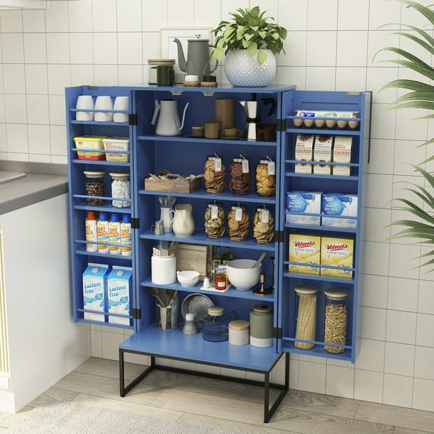 HLR 46 inches Blue Pantry Cabinets, Kitchen Pantry with Doors and ...
