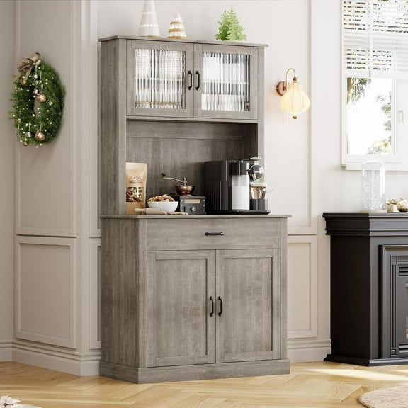 Kitchen Pantry Cabinet with Microwave Stand, 71”Freestanding Tall Kitchen Cabinet with Doors and Shelves for Dining Room, Rustic Gray