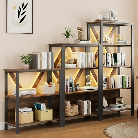 4 Tier Bookshelf with LED Lights, Tall Industrial Bookcase Open Display Shelves, Wood and Metal Freestanding Bookshelf Ladder Shelf Heavy Duty Bookcase for Living Room Bedroom Home Office