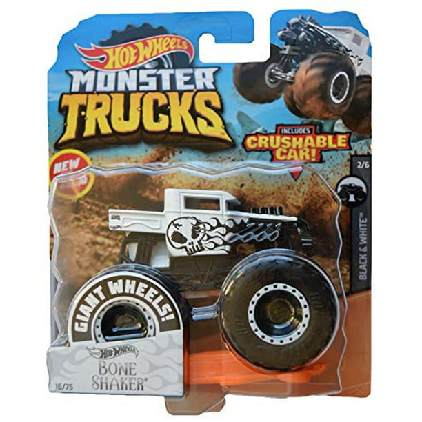 Hot Wheels Monster Trucks Bone Shaker Black White 2 6 Includes Crushable Car Walmart Com Walmart Com - testing the new boneshaker monster truck roblox