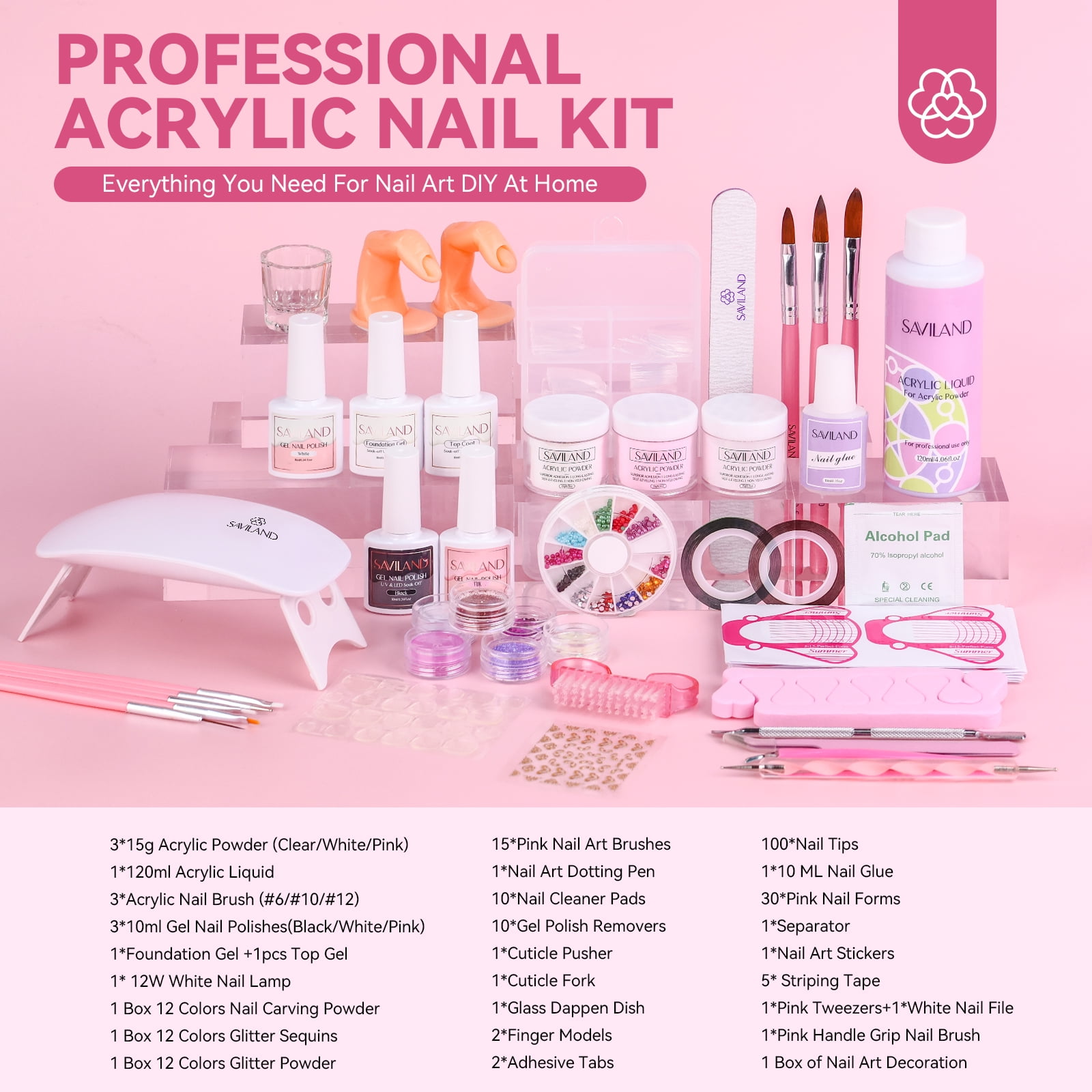 SAVILAND Acrylic Nail Kit with Everything : Acrylic Powder and Liquid Set with Gel Nail Polish Acrylic Nail Brushes Nail Decoration Nail Supplies for Beginners
