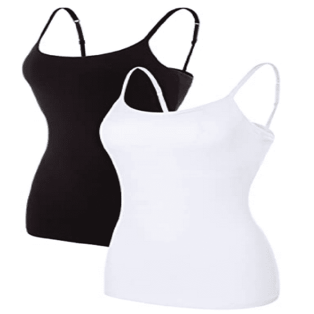 Women's Cotton Camisole with Shelf Bra Adjustable Spaghetti Strap Tank Top  Cami Tanks, White/Black 2 Pack, XL 