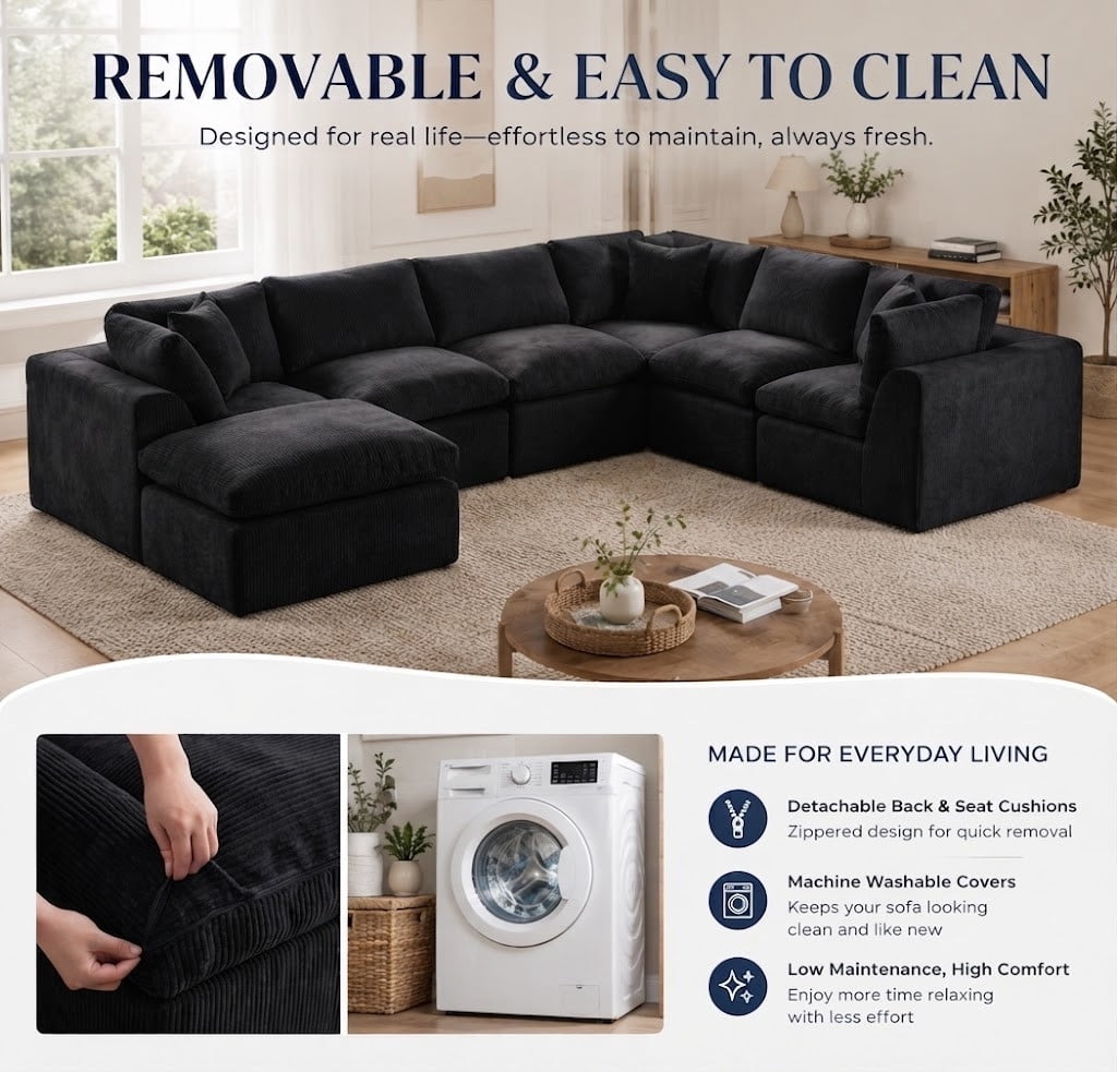 Oversized U-Shaped Sectional Sofa with Ottoman, 7-Seater Modular Chenille Cloud Couch, Deep Seat Frameless Sofa for Living Room, Apartment, Office