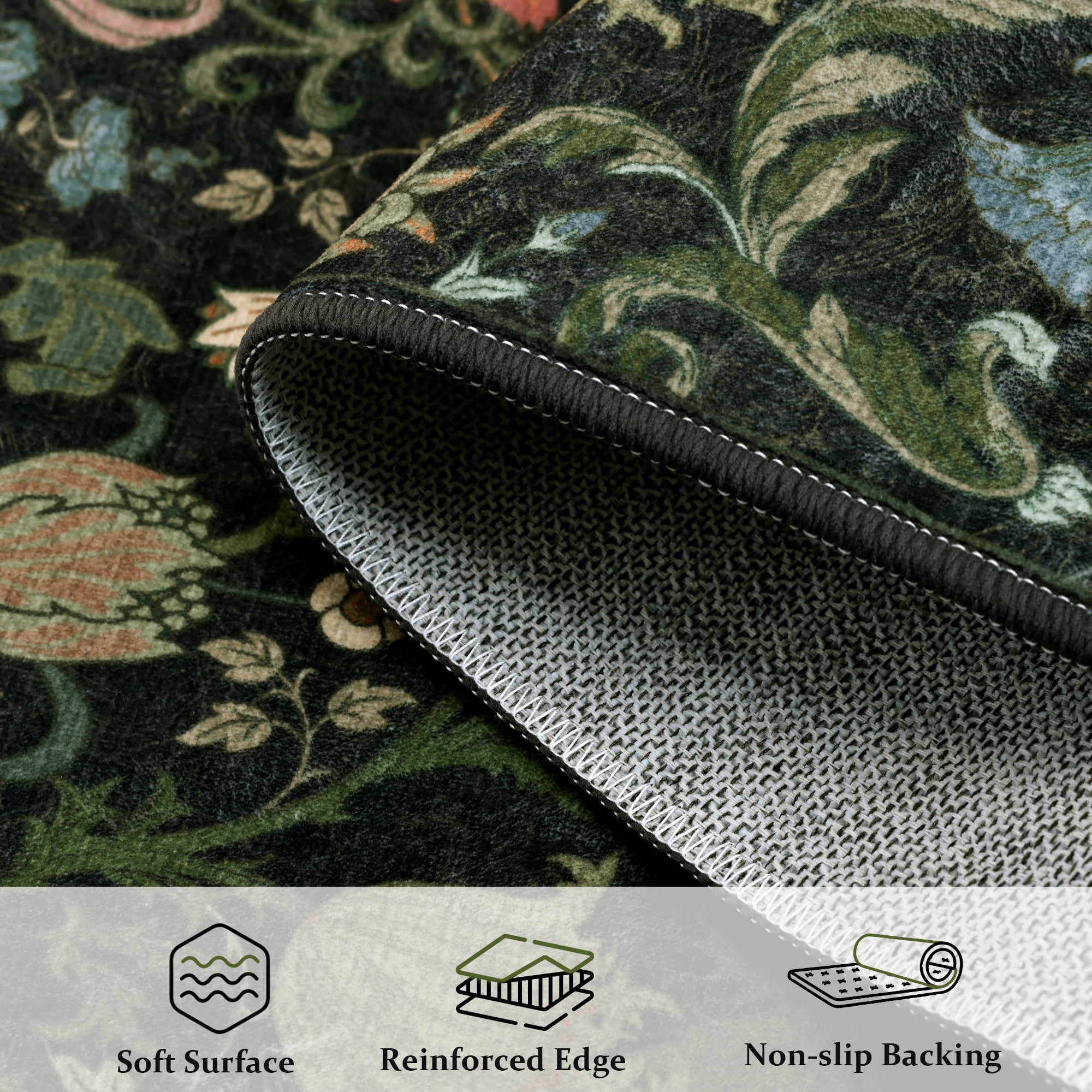 ATHOPE Floral 2x3 Area Rug, Machine Washable Rugs Soft Non Slip Low Pile Rugs for Living Room Bedroom Nursery Kitchen Dining Room Indoor, Small Floral Print Pattern Carpet, Dark Green