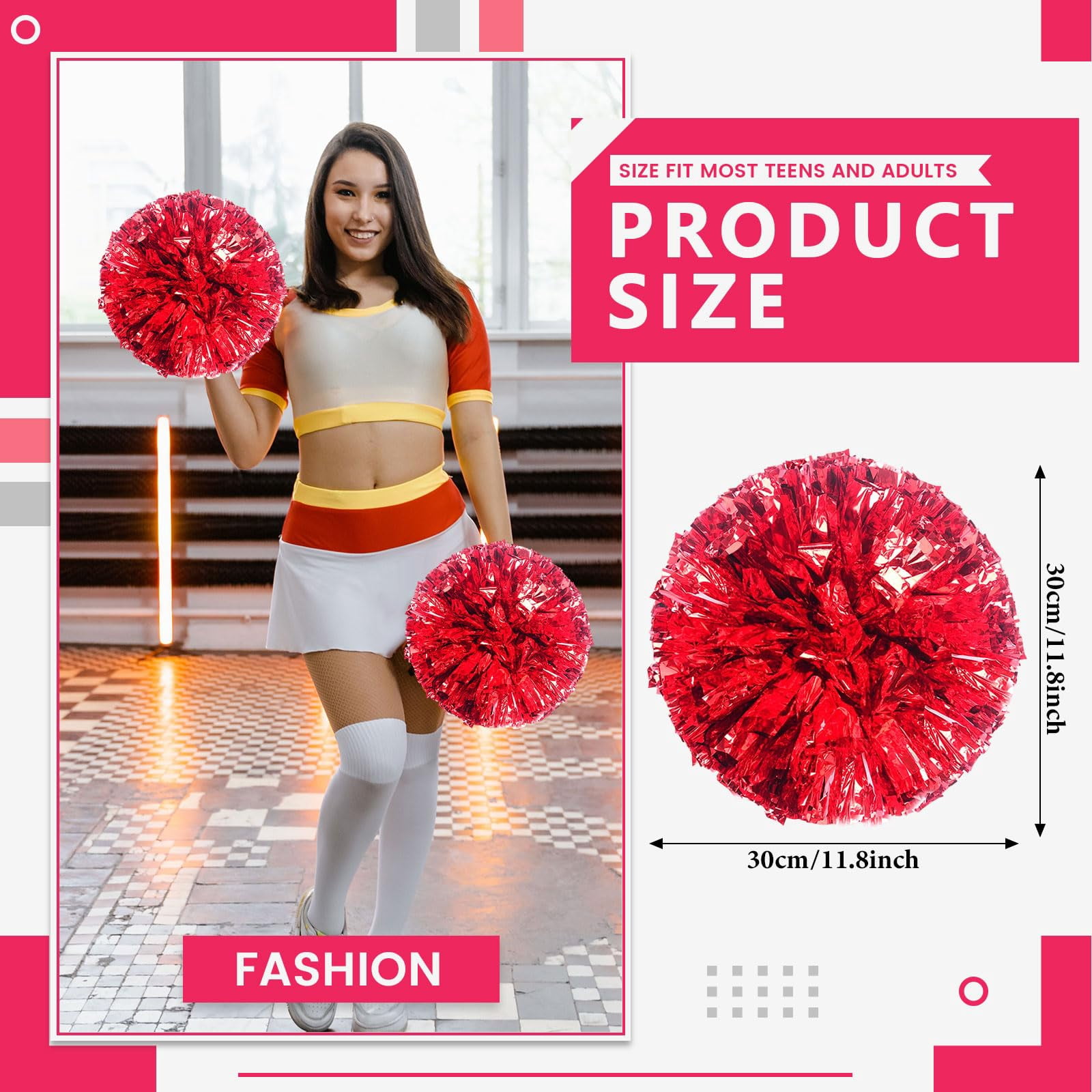 Cheerleading Pom Poms 12 Pcs with Straight Handle, Handheld Squad Pompoms for Sports Team Cheer Spirit Games, Dance Party Adults