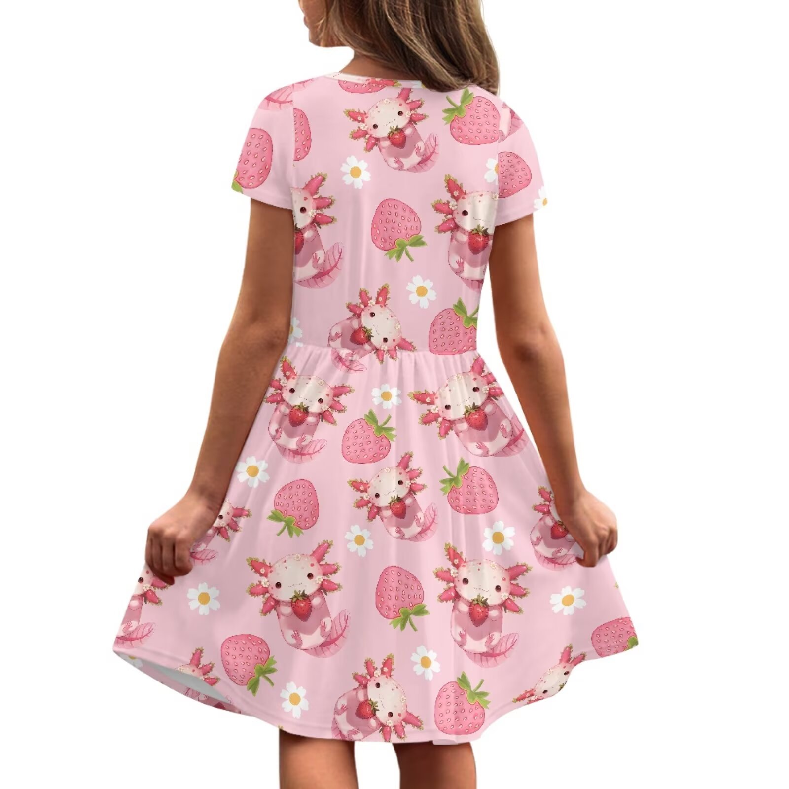 Uourmeti Girls Axolotl Dress Size 5-6 Cute Short Sleeve Swing Dresses Strawberry Crew Neck Midi Dress Lightweight Loose Knee A-Line Dresses Casual Beach Dress