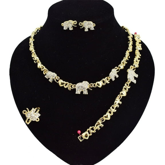 Women's Hugs & Kisses XOXO Elephant Charm Necklace Set - Elephant Pattern Design Includes Ring Bracelet & Earrings set 18k Layered Real Gold Plated