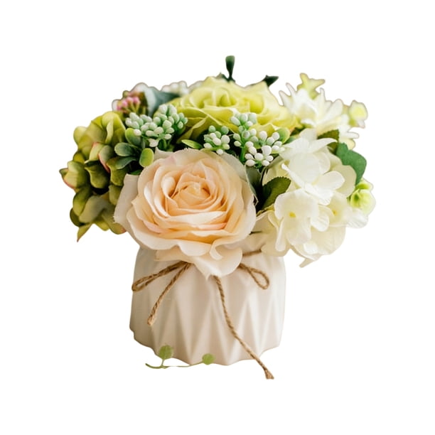 Pequeña Mesa para la Sala de Estar Ramo de Rosas Artificiales Rosas de Seda Flores en Macetas con Pequeño Jarrón de Cerámica Decoración de Flores Falsas para Mesas Casa Fiesta Oficina Cocina Comedor B