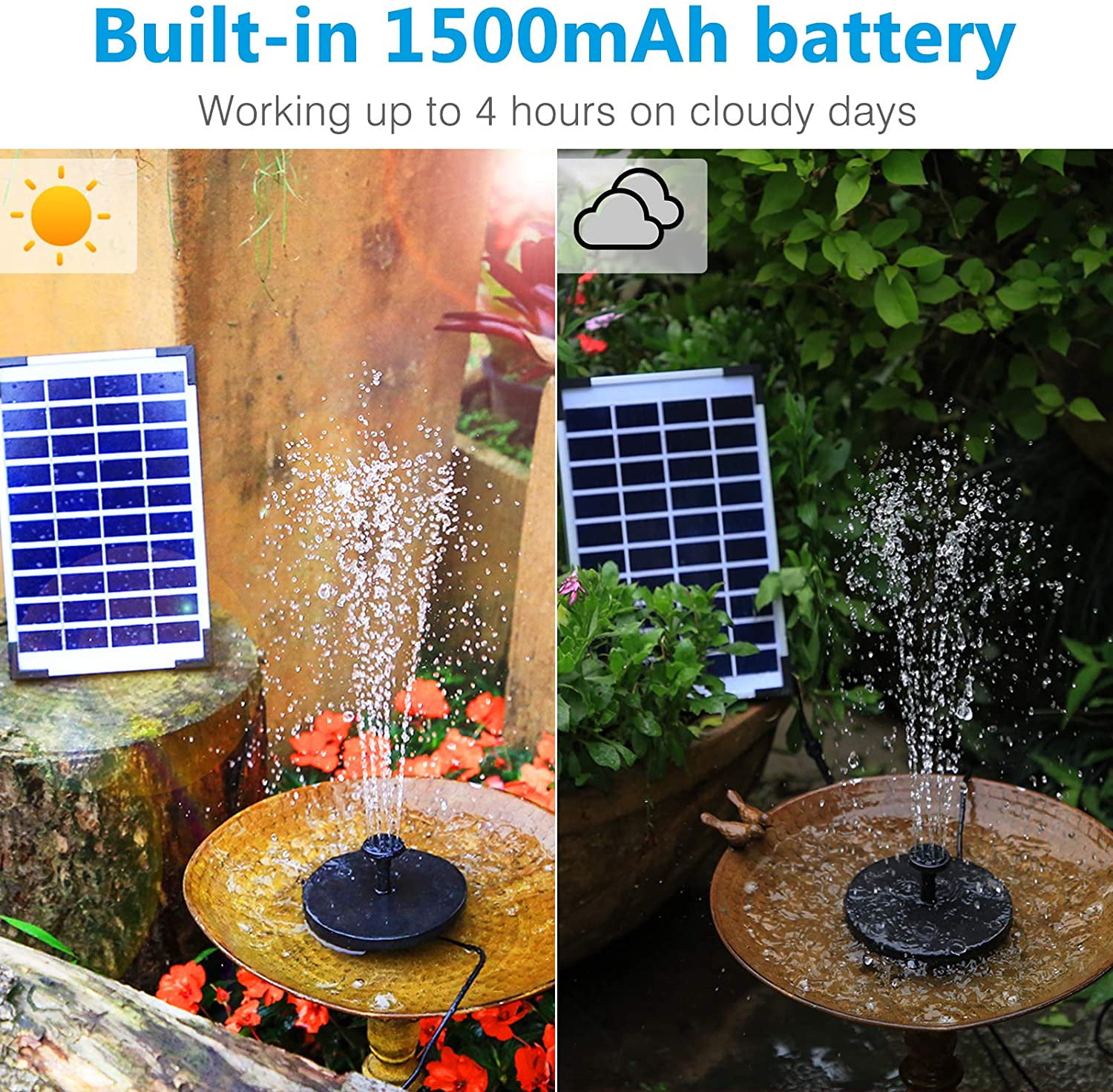 Solar Water Fountain 5.5W with 1500mAH Battery for Ponds 6 Nozzles Bird Baths 