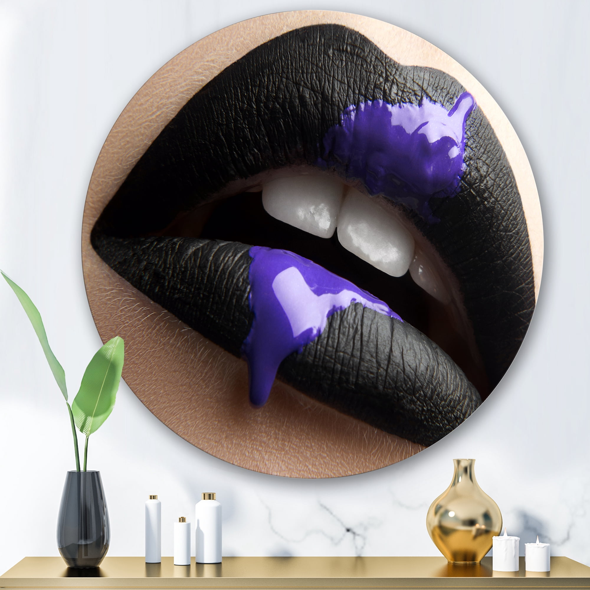 Designart 'Woman Lips With Black Lipstick & Purple Paint' Modern Circle Metal Wall Art 29x29 - Disc of 29