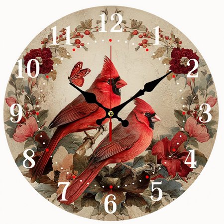 2D Flat Wooden Wall Clock,Red Cardinal Bird Wall Decor - Vintage Farmhouse Style Wood Grain with Cardinals, Silent Non-Ticking Clock Suitable for Kitchen, Bedroom, Office - AA Battery Not Included