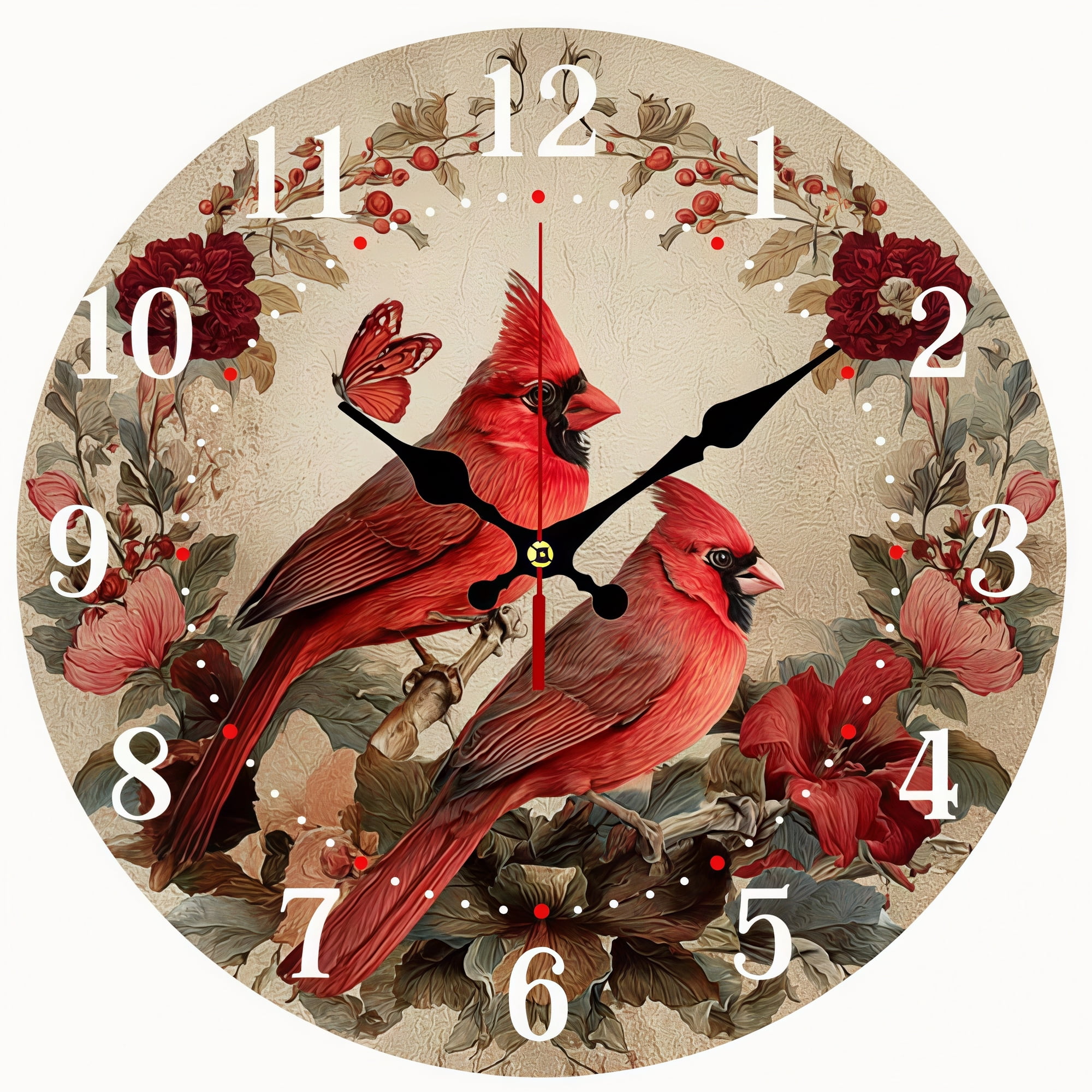2D Flat Wooden Wall Clock, Red Cardinal Bird Silent Non-Ticking Wall Decor, Vintage Farmhouse Wood Grain Clock for Kitchen Bedroom Office, AA Battery Not Included