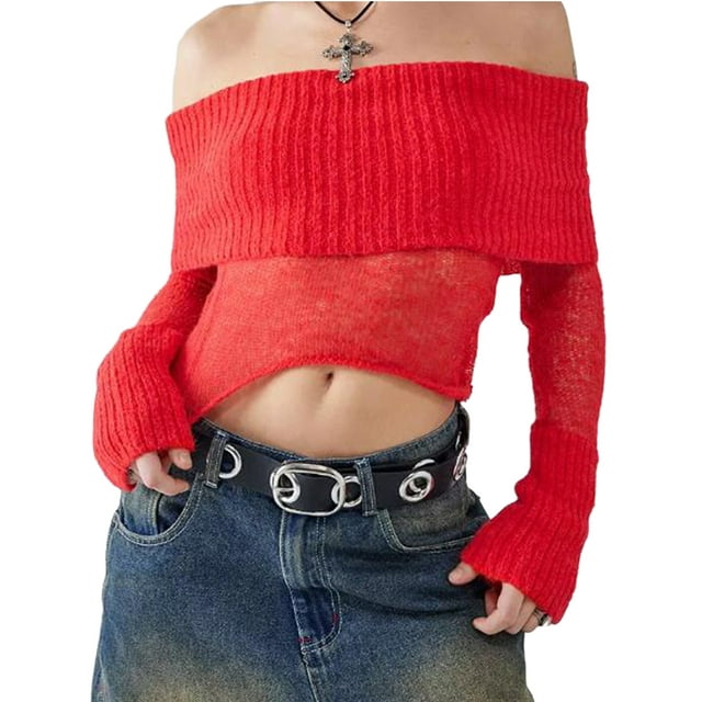 Fortune Women Off Shoulder Sweater Mesh Knit Cropped Pullover Solid Color Long Sleeve Slim Fit Crop Top