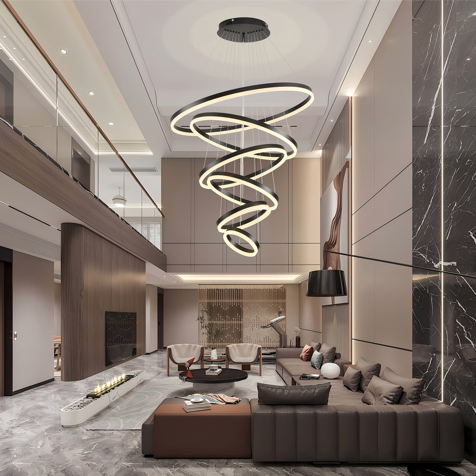 Modern 6-Ring LED Chandelier for High Ceilings, Adjustable Black Pendant Light with Remote, Dimmable Flush Mount Fixture for Foyer, Entryway, Living Room Dining Room