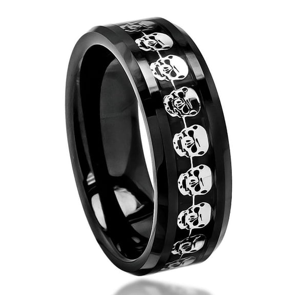 8mm Ceramic with Cut-Out Skull Over Black Carbon Fiber Inlay Wedding Band Ring For Men Or Ladies