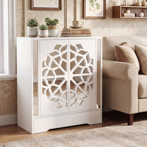 Mirrored Shoe Cabinet, 4-Tier Shoe Organizer, White, Large Drawer, Wooden Storage for Entryway