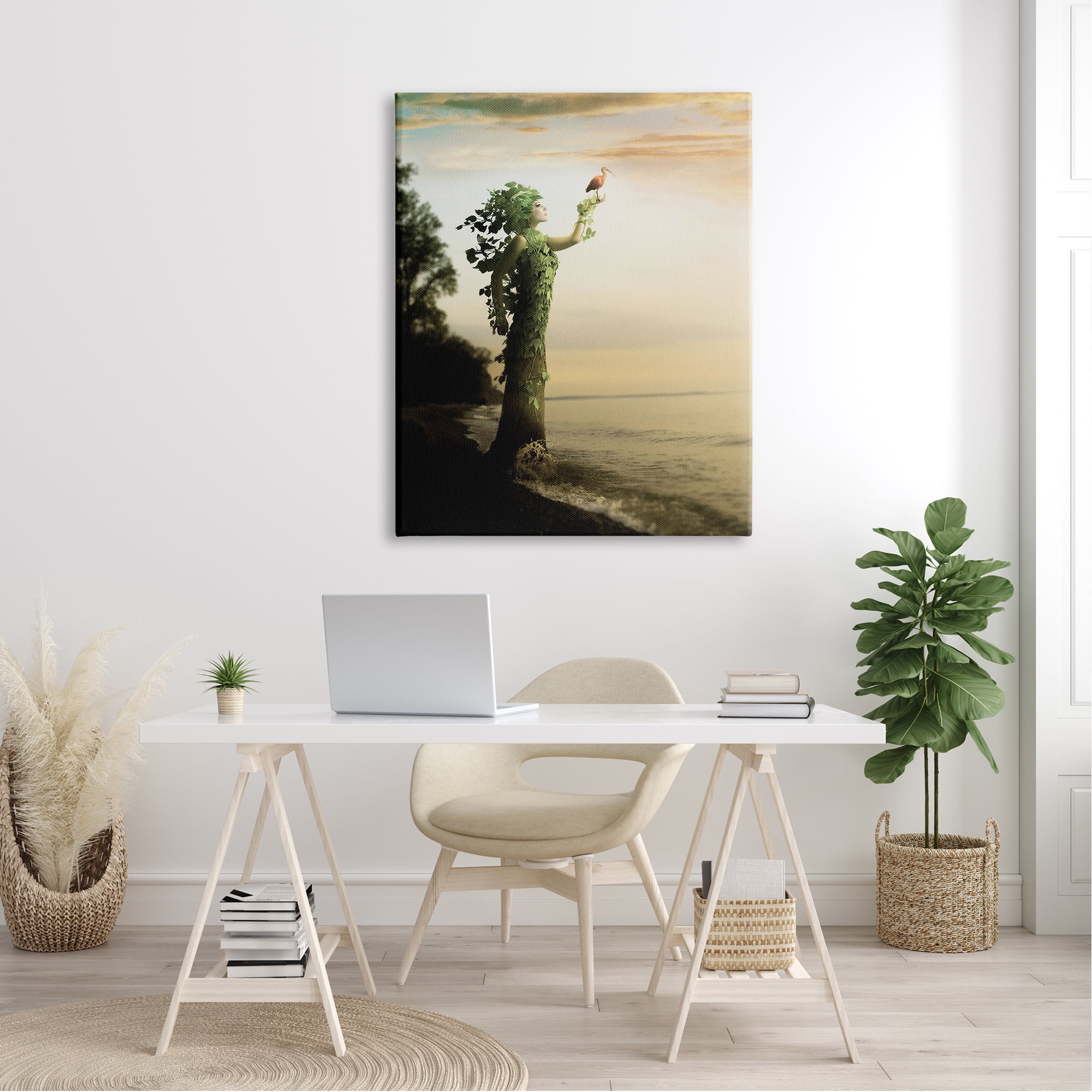 Woman Growing Vines Beach Shoreline Water Bird Coastal Painting Gallery-Wrapped Canvas Print Wall Art