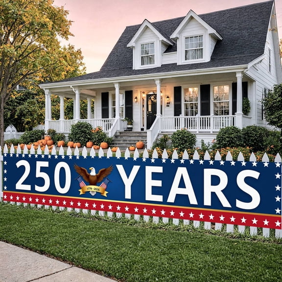 White Lettering 250th Anniversary Banner Star-Spangled Elements American Celebration Backdrop Blue-Red Color Scheme Golden Ribbon Decor USA 250th Background for Patriotic Parades National Day