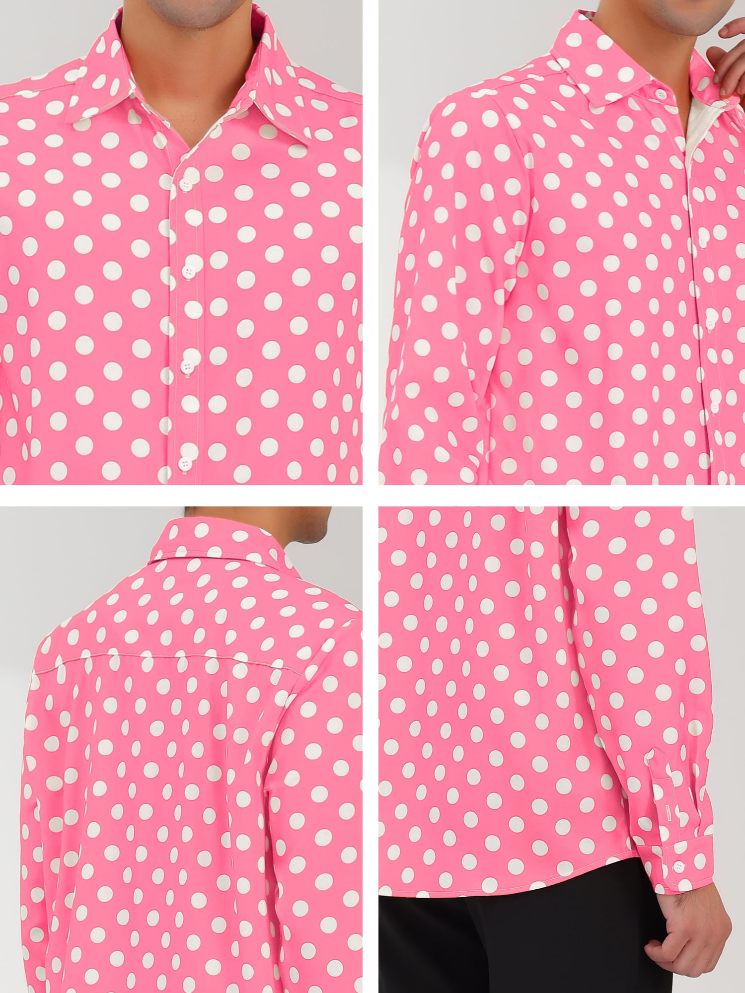 Unique Bargains Men's Long Sleeve Button Slim Polka Dots Shirt 38 Light Pink
