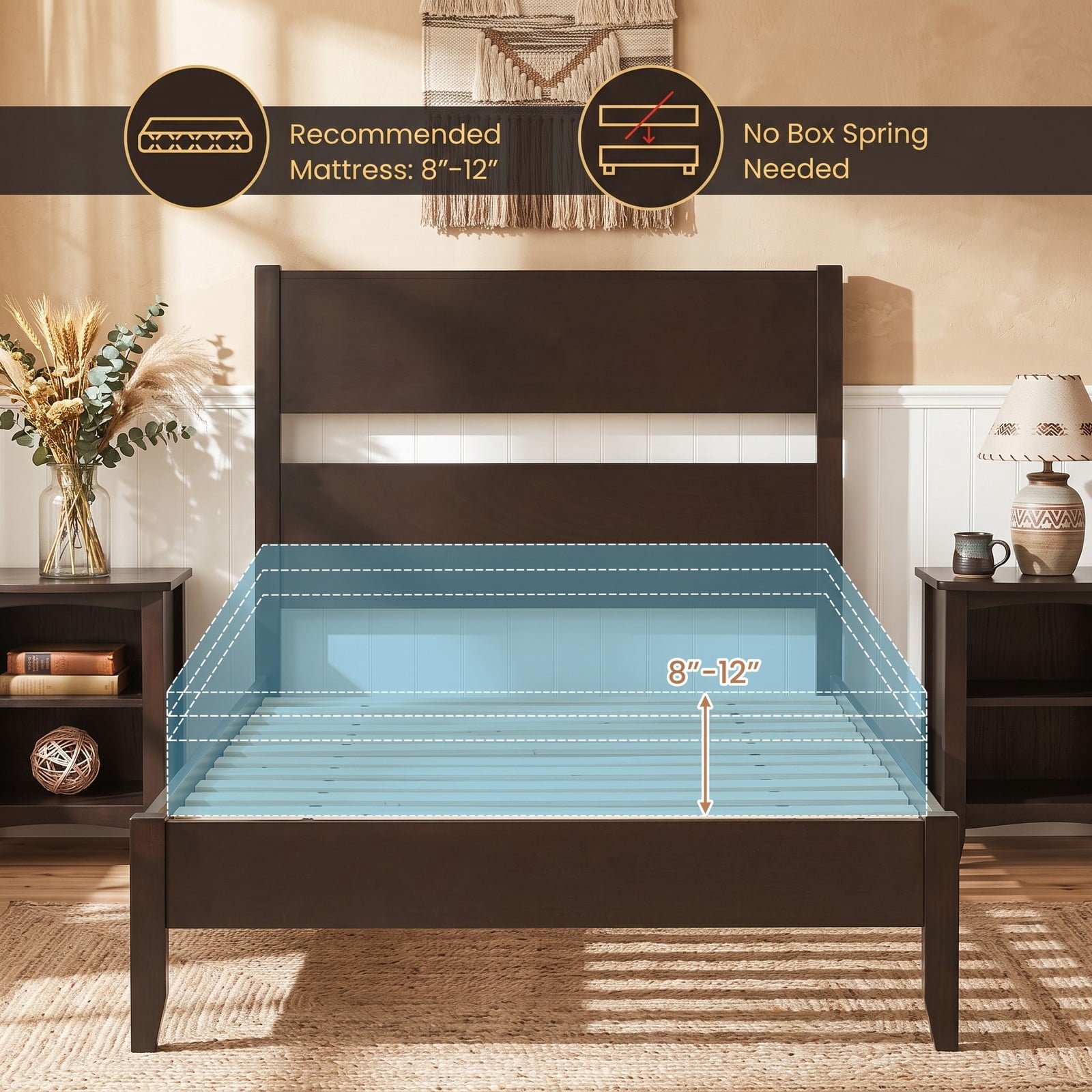 Furnibear Twin Bed Frame Wooden Bed Frame with Plank Headboard and 12 Slat Support for Bedroom and Guest Room, Dark Walnut