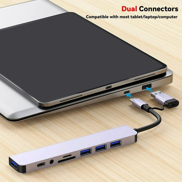 Hub Type C Adaptateur Multiport 8-en-1 pour Ordinateur Portable Tablette Station d'Expansion USB C et de Transfert de Données