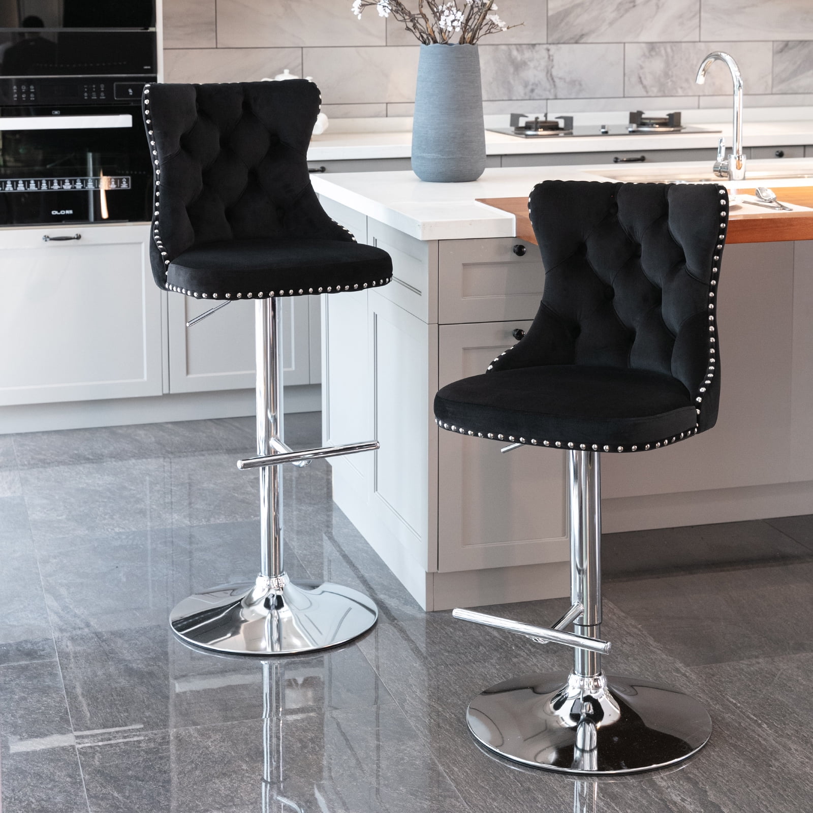 ODUSE-DAILY Black Velvet Bar Stools Set of 2 - Adjustable Swivel Counter Height Chairs with Tufted Back and Nailhead Trim for Kitchen Island Pub Restaurant (2Pcs, Chrome Metal, Black)