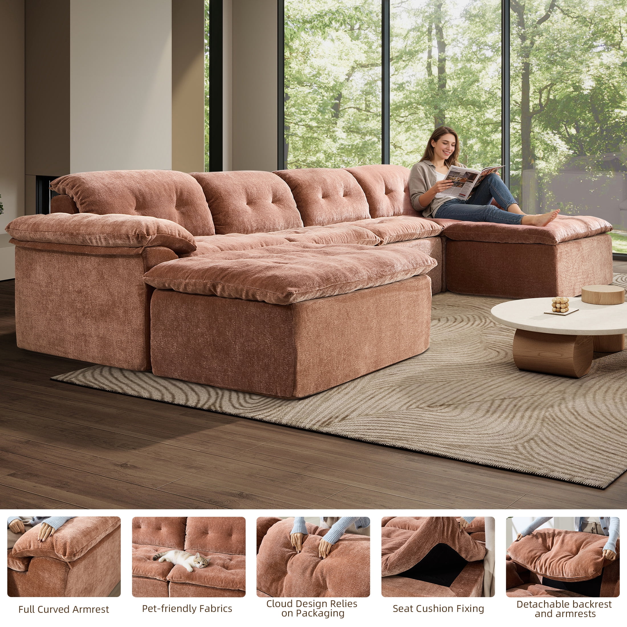 Aukfa 6-Piece U-Shaped Modular Sectional Sofa with 2 Ottomans for Living Room, Ice Flower Chenille, Terracotta