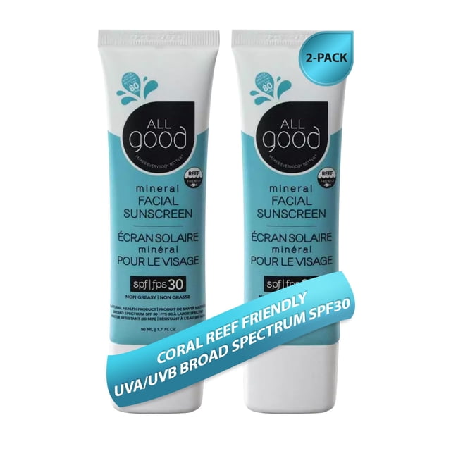 Loción solar All Good Facial Mineral SPF 30, 50 ml (paquete de 2)