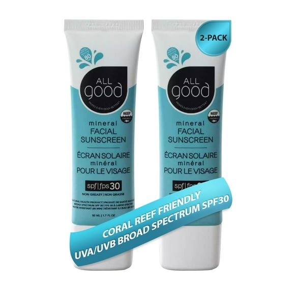 Loción solar All Good Facial Mineral SPF 30, 50 ml (paquete de 2)