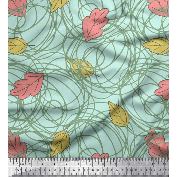 Soimoi Green polyester Crepe Fabric Abstract Circles & Oak Leaves Clip Art Decor Fabric Printed Yard 52 Inch Wide