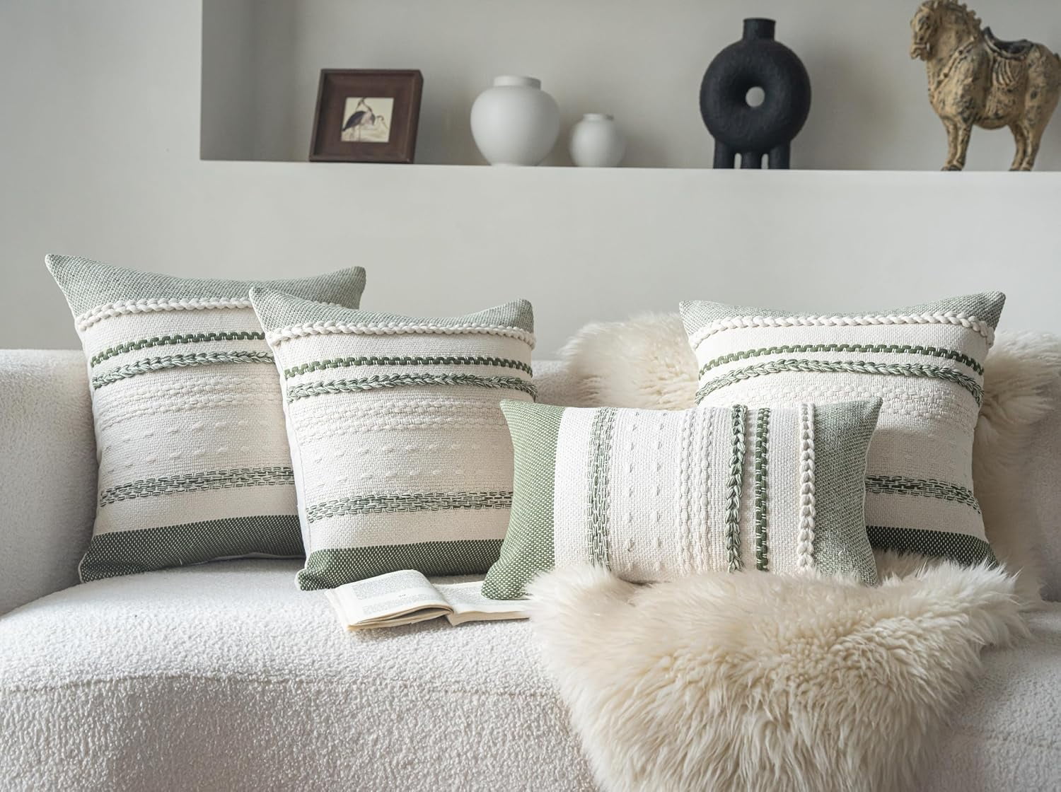 Throw Pillow Covers 18x18 Inch Set of 2, Green Textured Decorative Couch Pillow Cases for Farmhouse Home Decor, Accent Cushion Cover for Sofa, Bed, Living Room, Bedroom