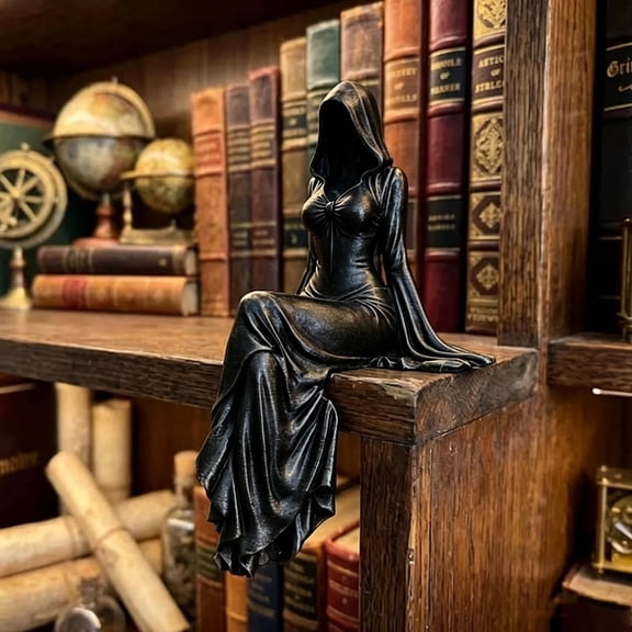 Lady Reaper Hooded Sculpture, Faceless Gothic Sitting Figurine for Halloween Shelf Decor