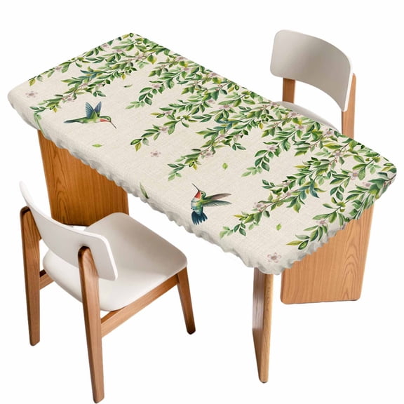 Spring Botanical Table Cloths for 4 Foot Rectangle Tables, Watercolor Leaves Flowers Birds Beige Patio Waterproof Elastic Fitted Tablecloths, Washable Rectangular Table Cover for Camping