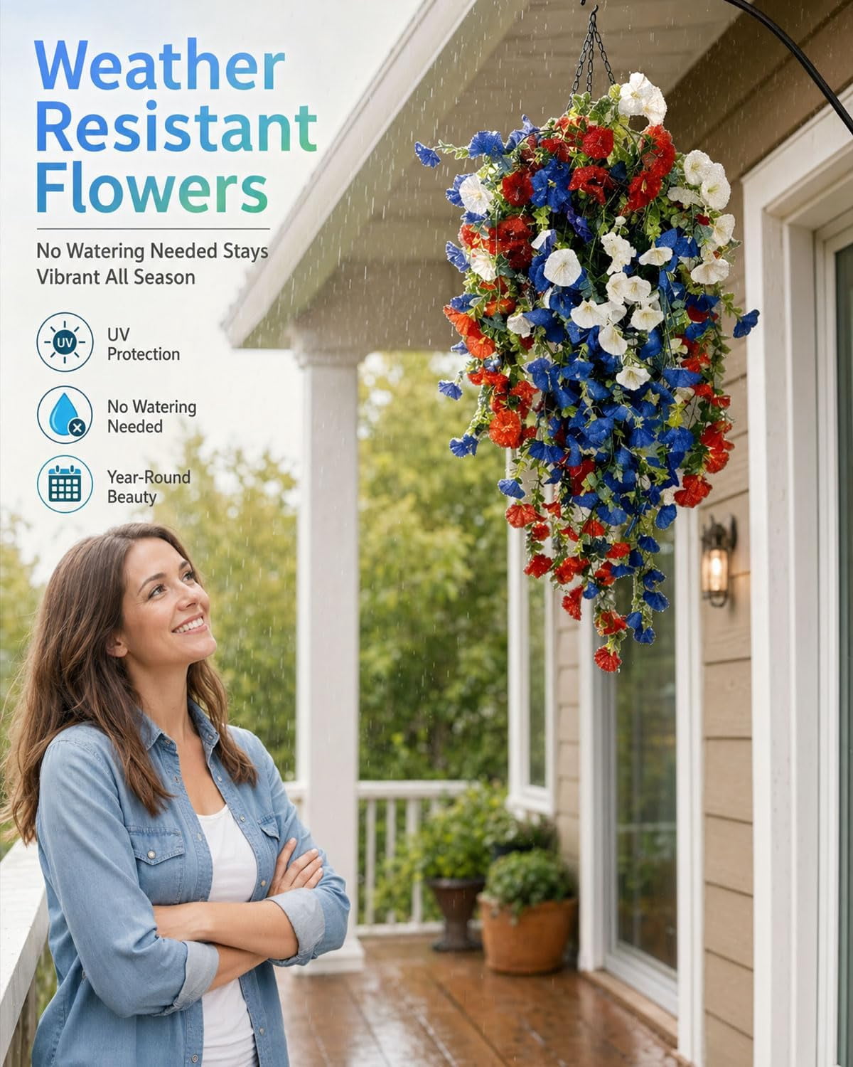 2PCS Red White Blue Artificial Hanging Flowers Outdoor, 250th Anniversary Patriotic Fake Flowers for 4th of July Independence Memorial Day Garden Yard Porch Patio Home Decor(C)